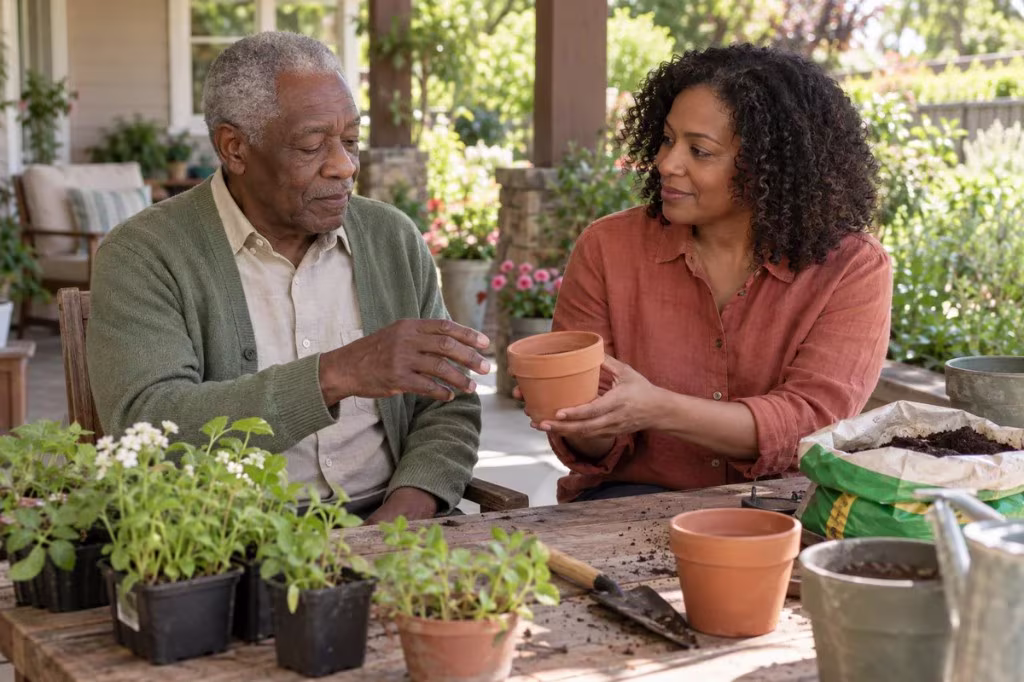 Apathy in Alzheimer's disease: a daughter gardens with her father, staying with him while he tends the plants.
