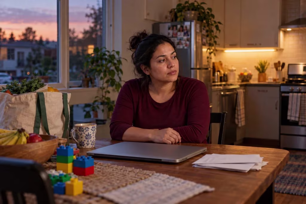 Why apathy happens: everyday stress leaves a woman sitting flat at the kitchen table after a long day.
