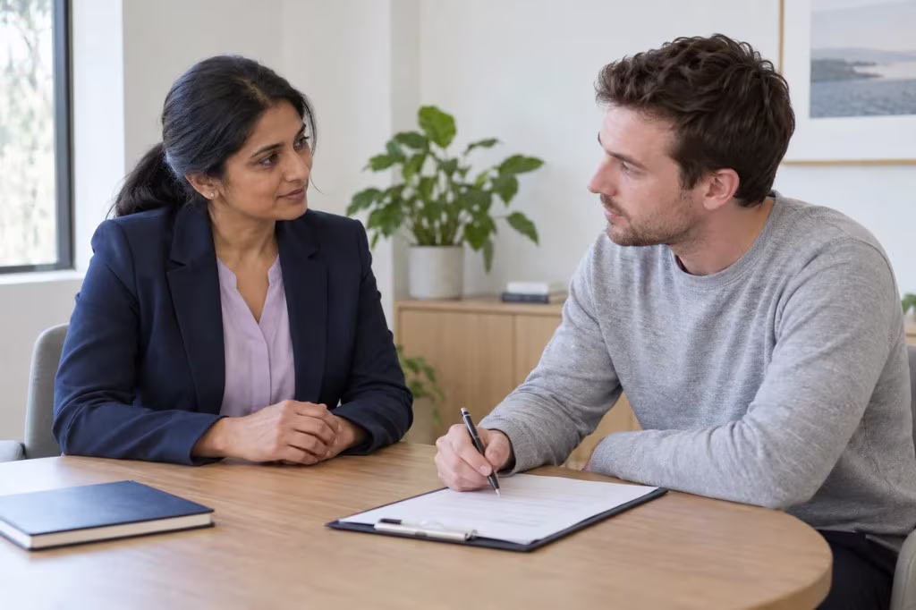 How clinicians measure apathy: a healthcare professional reviews an apathy scale with a client.
