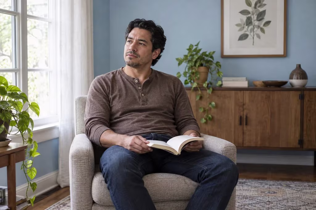 Depression versus normal sadness: a man sits with an open book, caught in a depressed mood.