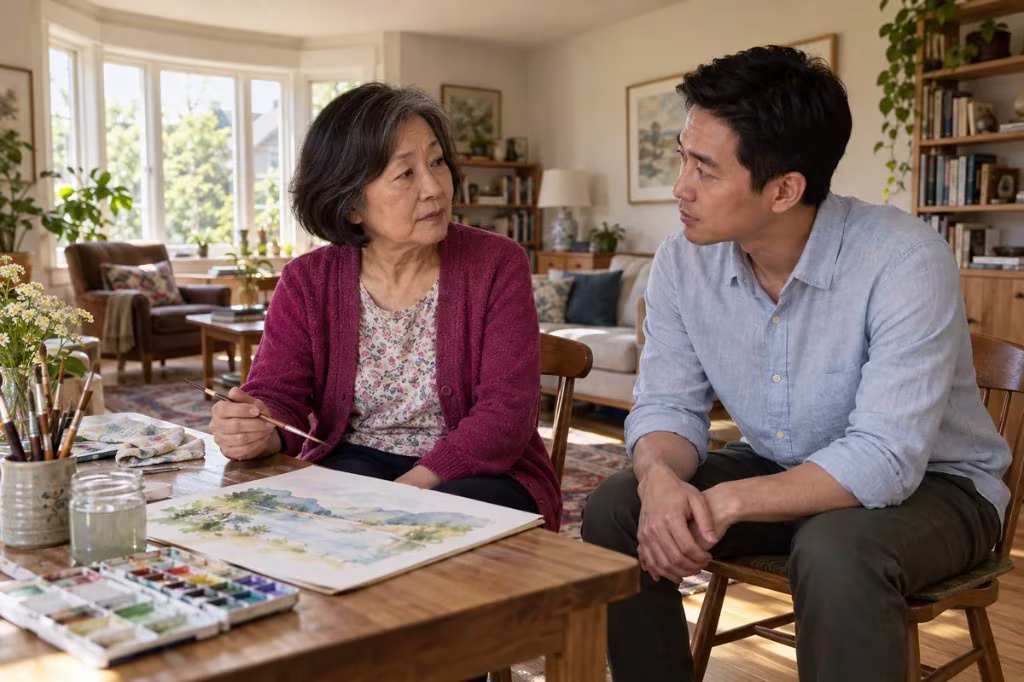 Depression across ages: a son sits with his mother while she paints, staying close as she talks.