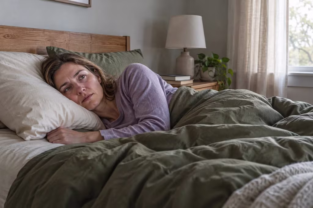 Depression symptoms to watch for: a woman lies awake in bed, exhausted and unable to start the day.
