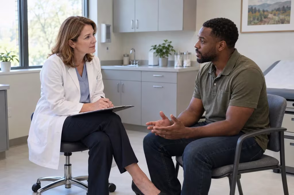 How depression is diagnosed: a healthcare provider listens and takes notes during an evaluation.