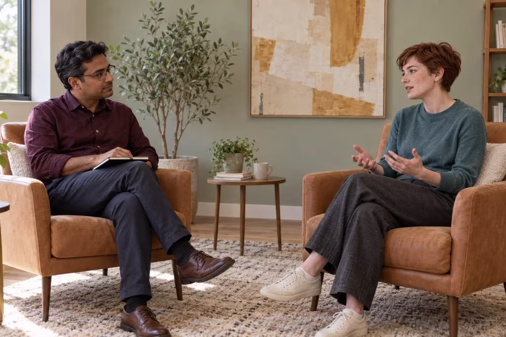 How depression is treated: a therapist listens while a client talks through symptoms of depression.