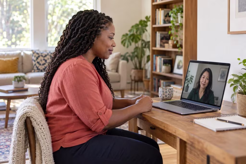 Bay Area CBT Center mental health support: a client meets her therapist by video for online care.
