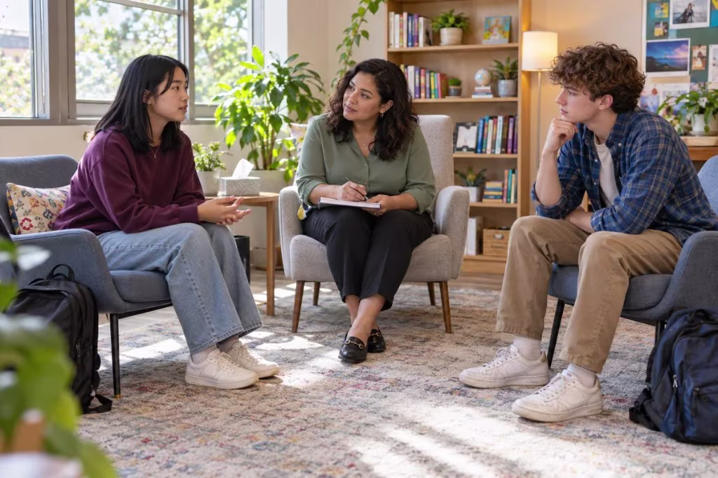 Who is most vulnerable to suicide contagion: a counselor listens while two teens talk about what they are carrying.