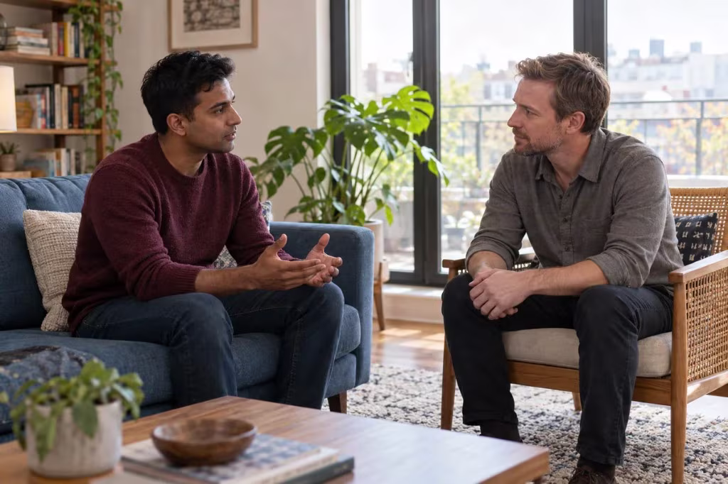 How to talk with someone at risk: one man listens while the other talks through what he is feeling.
