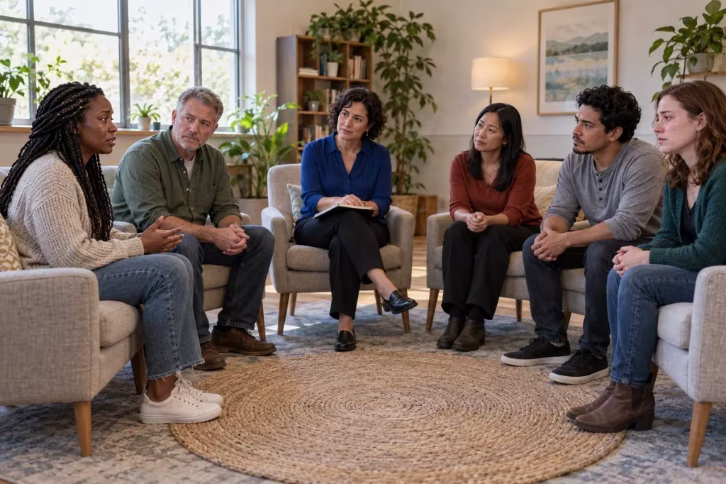 Bereavement after suicide: a support group sits in a circle while one person speaks and the others listen.