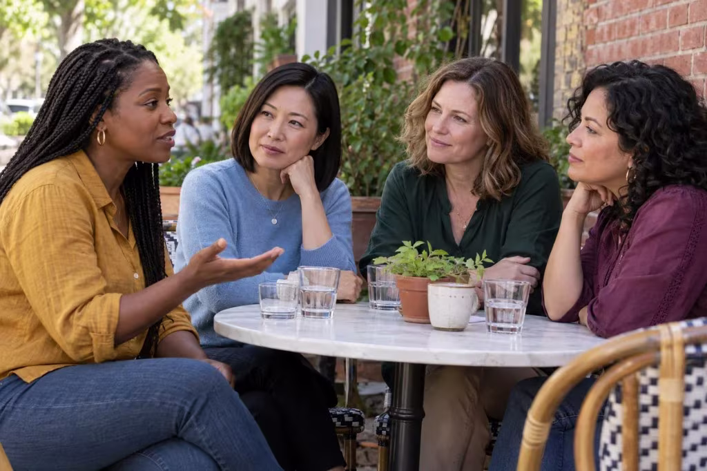 Why perimenopause stays invisible: four women talk openly about symptoms over coffee.