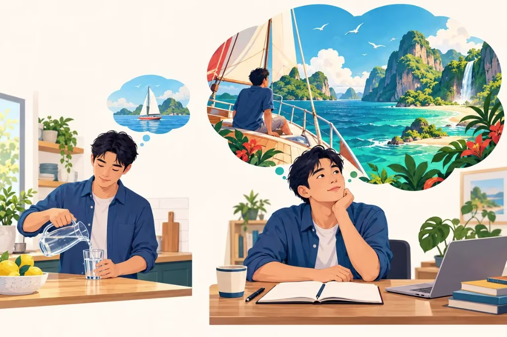 Healthy daydreaming versus maladaptive daydreaming: one man pours water in a kitchen while another sits at a desk lost in a sailing fantasy.
