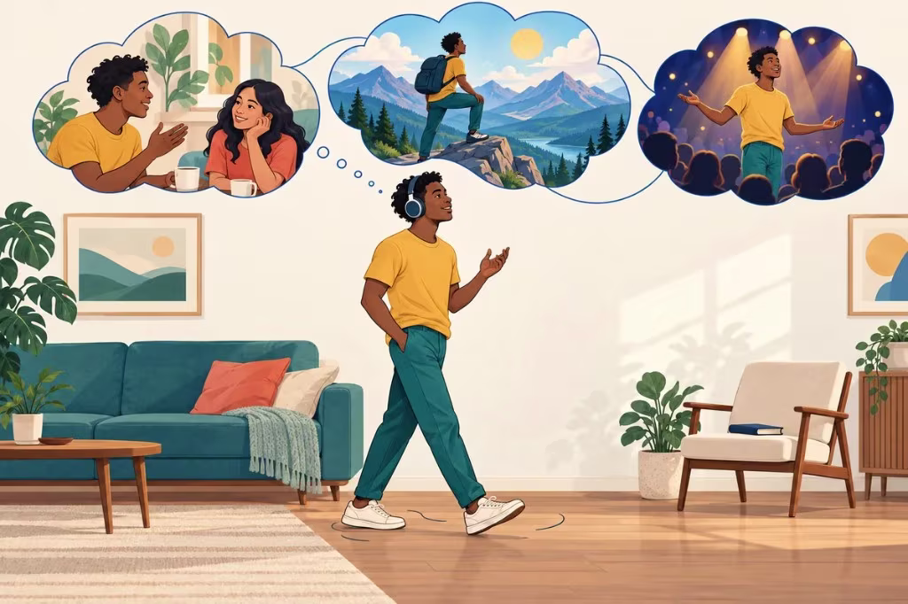 Maladaptive daydreaming symptoms: a man walks with headphones while thought bubbles show a conversation, a mountain hike, and a stage.