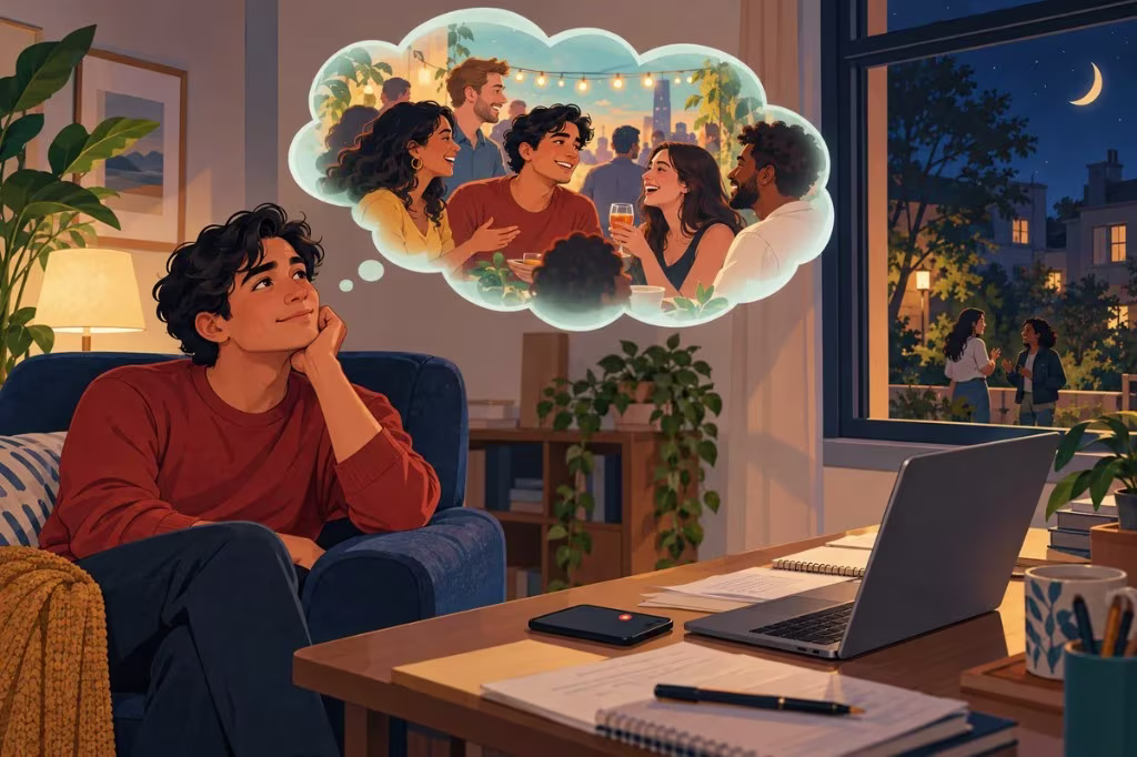 Everyday impact of excessive daydreaming: a man on a couch pictures a party while his laptop and notes sit unfinished.