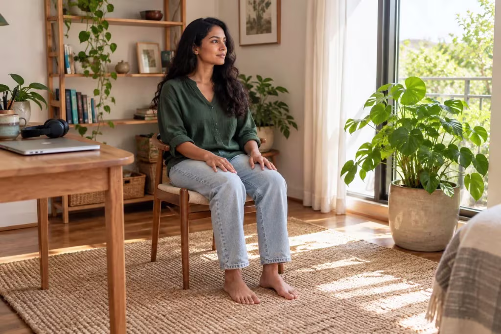 Regaining control with grounding and mindfulness: a woman sits barefoot, hands on her knees, present in a sunlit room.