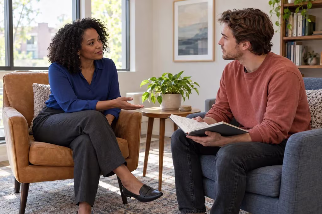Evidence-based treatment for maladaptive daydreaming: a therapist and client talk in armchairs during a CBT session.