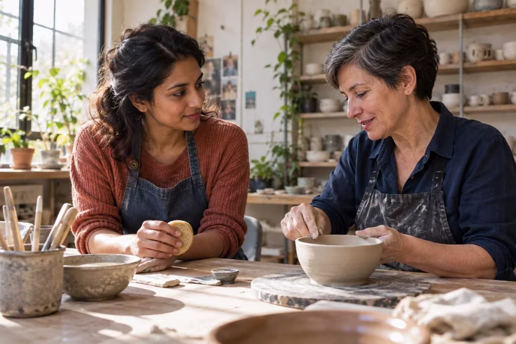 True humility: a younger potter and an older potter work side by side, each learning from the other.