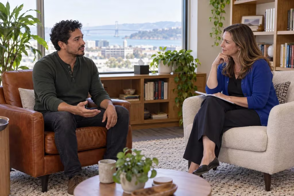 Humility in mental health: a man talks with a therapist in armchairs overlooking the Bay Bridge.