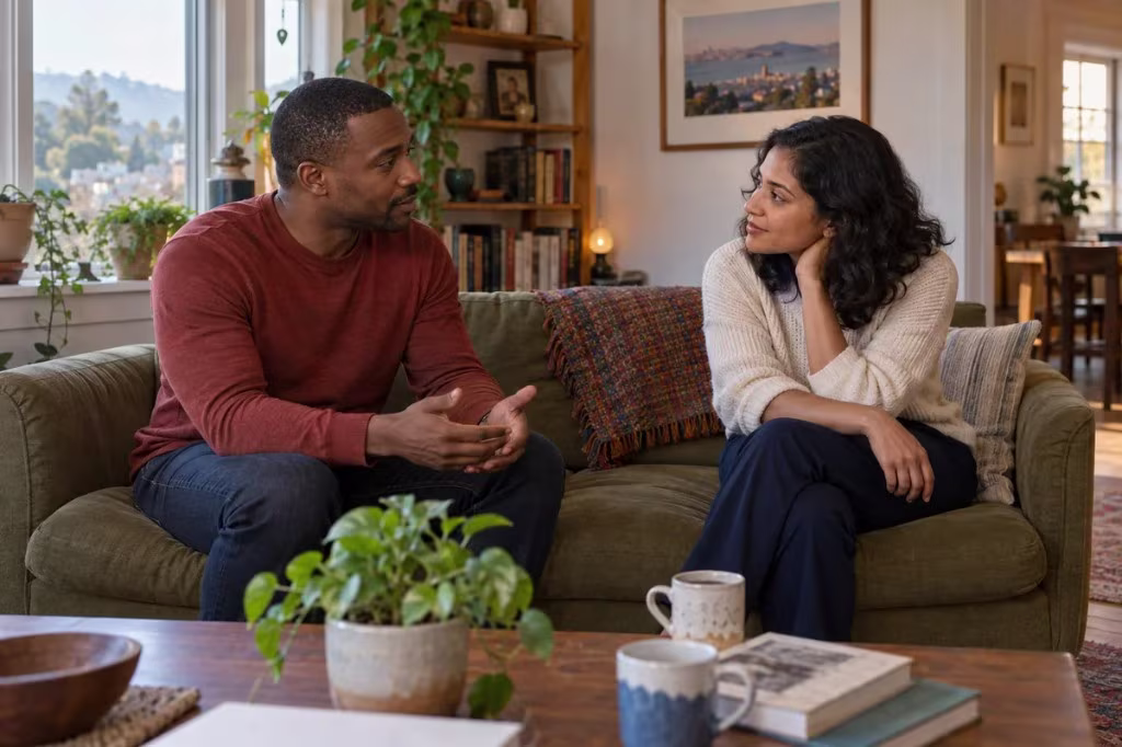 Humility in a relationship: a couple sits on a couch and listens to each other.