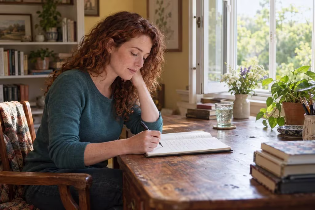 A therapy exercise for humility: a woman journals at a sunlit desk.