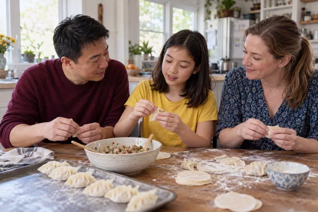 Building humility in a family: parents and a child fold dumplings together at the kitchen table.
