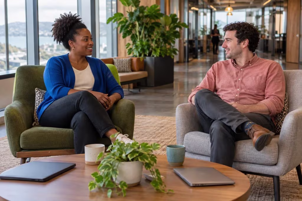Questions to get to know someone at work: two colleagues talk in an office lounge.