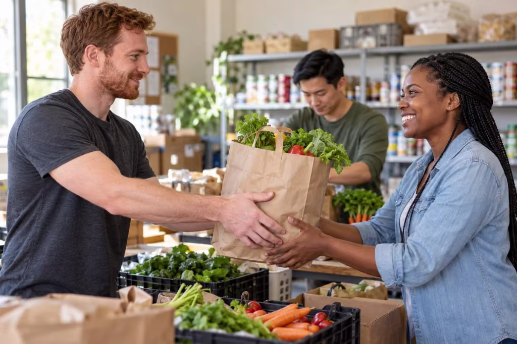 Reconnecting with meaning: two volunteers hand off a bag of groceries at a community pantry.