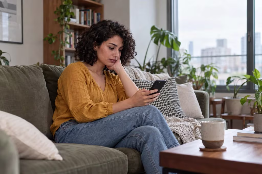Perception in everyday life: a woman on a couch reads a text and pauses before she decides what it means.