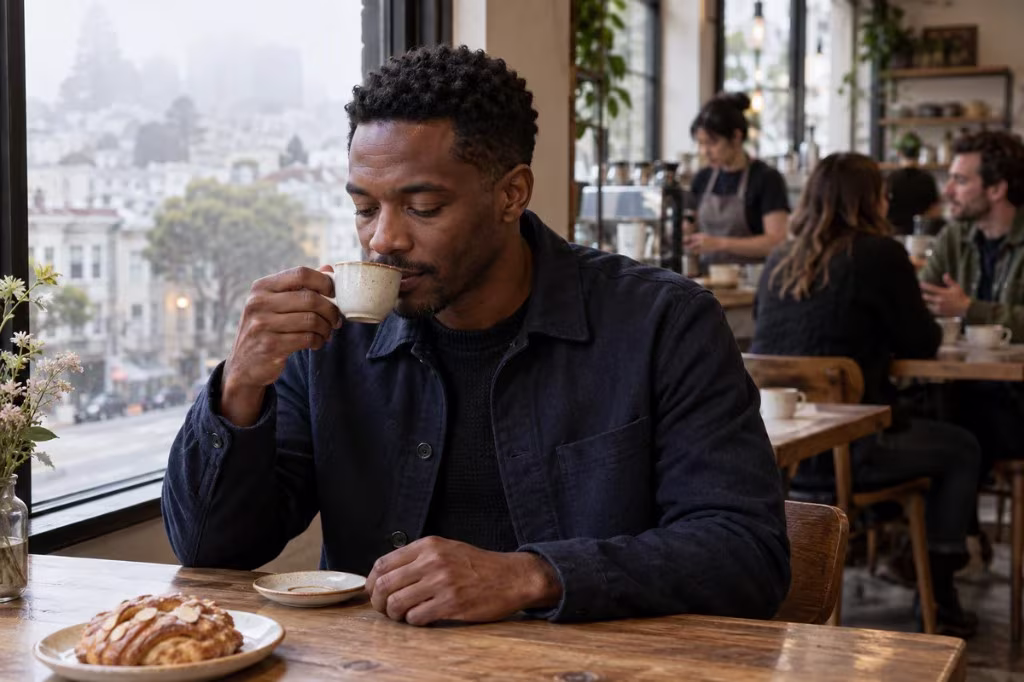 Sensory perception: a man drinks coffee in a cafe while conversation, light, and the street come in together.