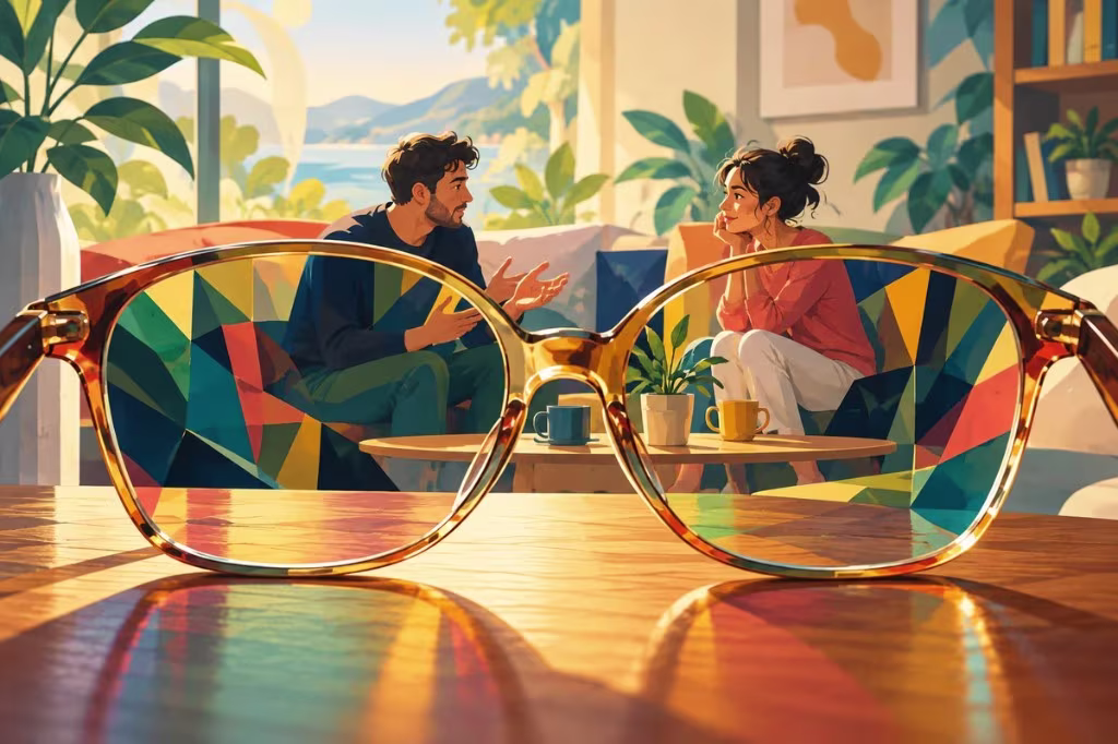 Schemas as invisible lenses: glasses on a table show a couple's conversation in a different set of colors.
