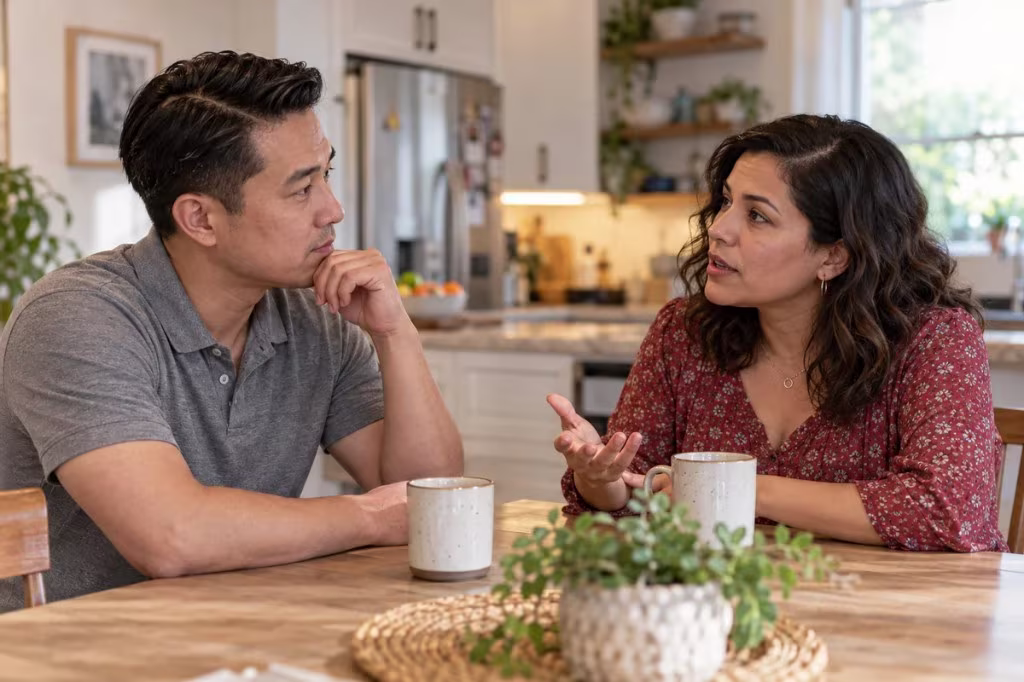 Perception in a relationship: a couple talks at the kitchen table, each listening to a different meaning.