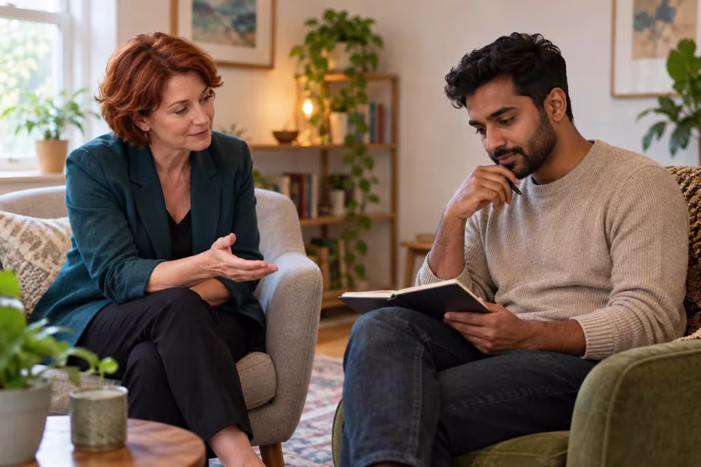 Changing perception in therapy: a therapist and a client look at a notebook together.