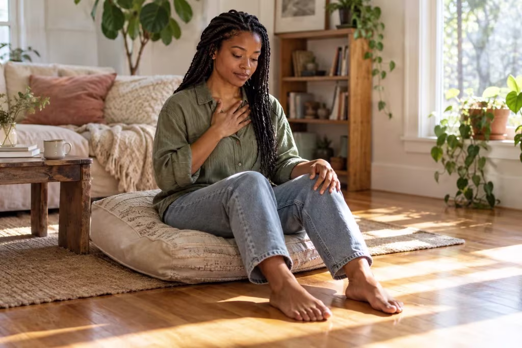 Mindfulness and perception: a woman sits on the floor with a hand on her chest, noticing the present moment.
