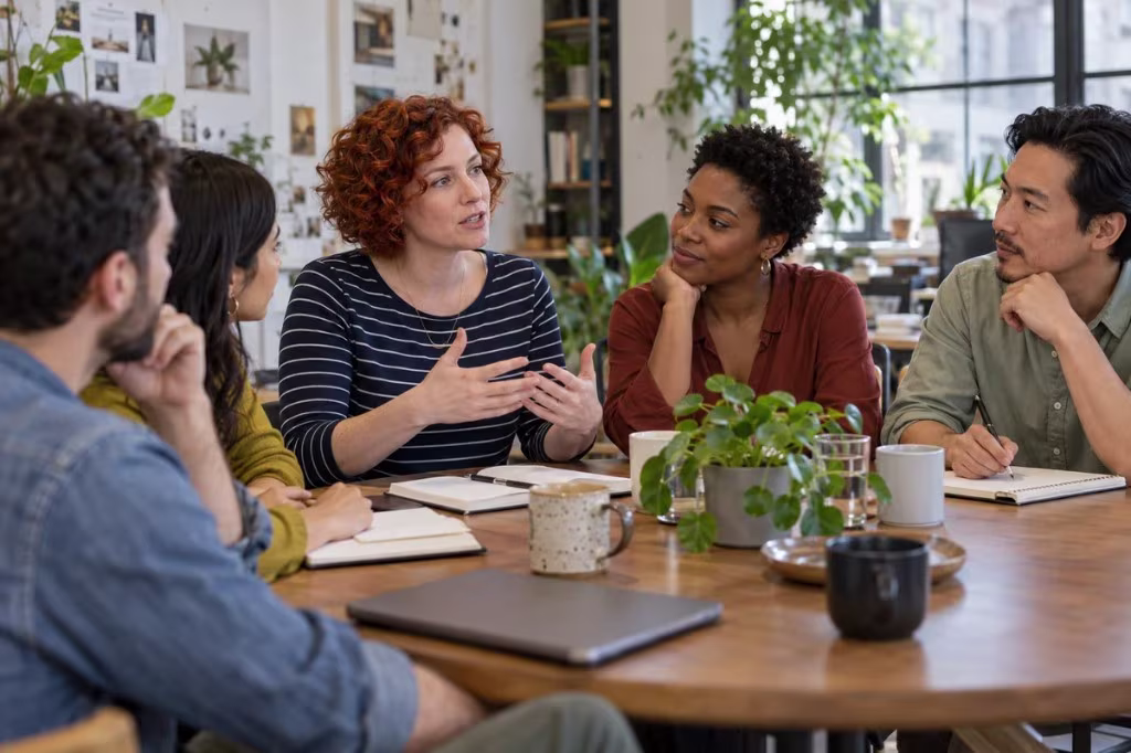 Perception in a workplace: colleagues around a table listen while one person explains her view.