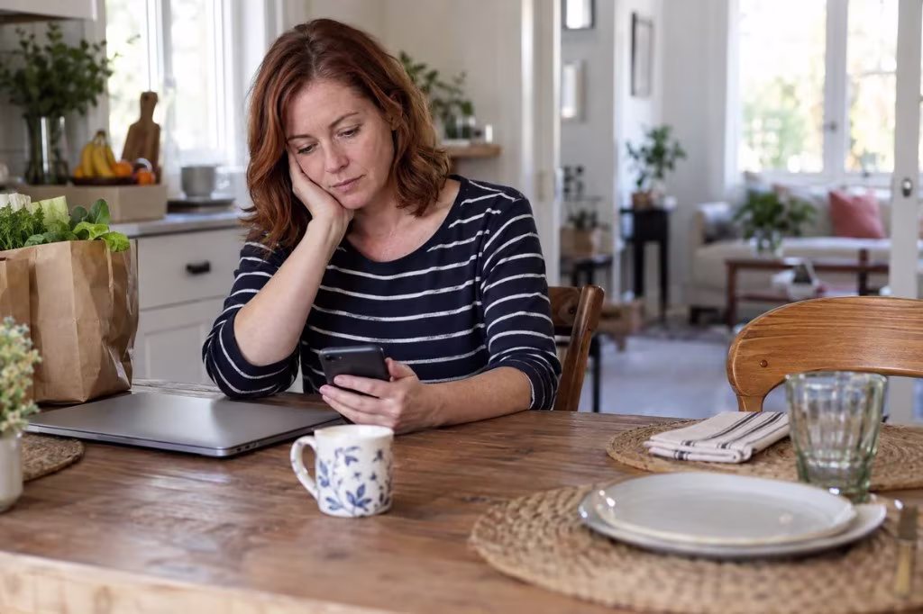 A woman sits at her kitchen table looking at her phone, groceries still unpacked, showing how agoraphobia affects daily life