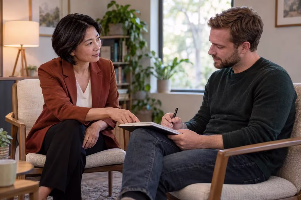A therapist and client sit together with a notebook, planning evidence-based agoraphobia treatment
