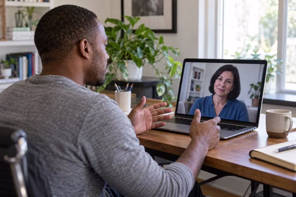 A man talks with a therapist on a video call from home, an example of online agoraphobia therapy