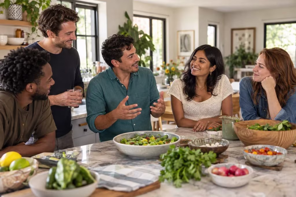 Extroverts gather around a kitchen table, talking and laughing over a shared meal