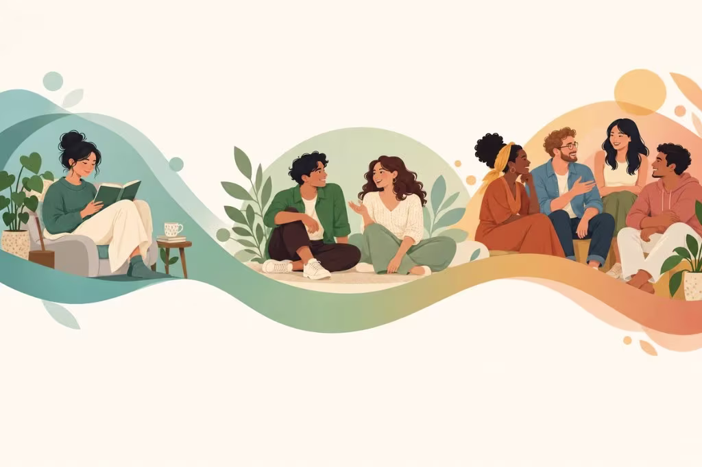 An illustration of the introvert vs extrovert spectrum, from quiet reading to a small group conversation