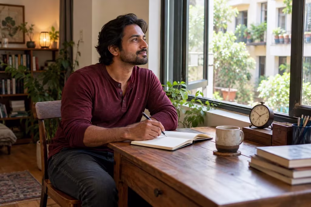 A man journals by a window, reflecting on whether he feels more introverted or extroverted