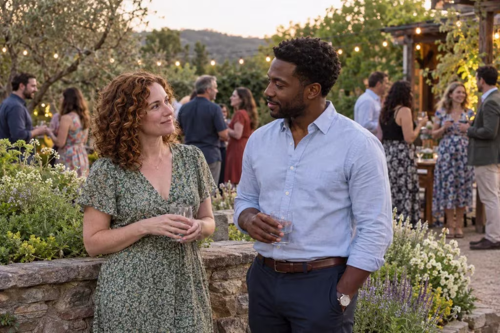 Two people talk one-on-one at a garden gathering while a larger group socializes behind them