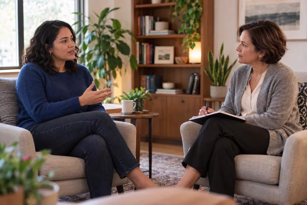 A client talks with a therapist during a session about introvert vs extrovert energy and self-understanding