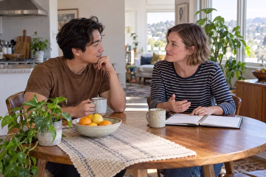 A couple talks at the kitchen table about different social energy needs, with a planner open between them