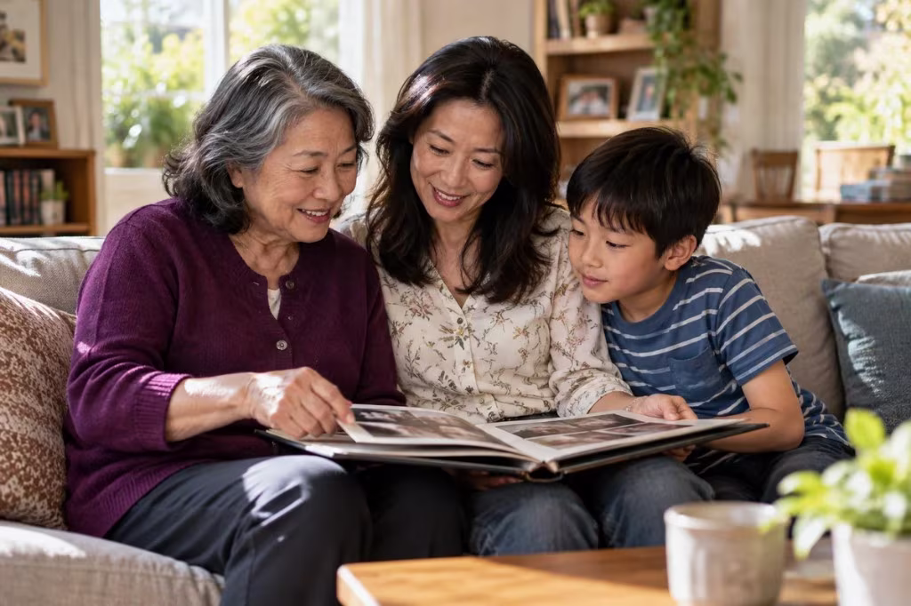 Three generations look through a family photo album, a picture of genetic traits and family resemblance in the nature vs nurture story