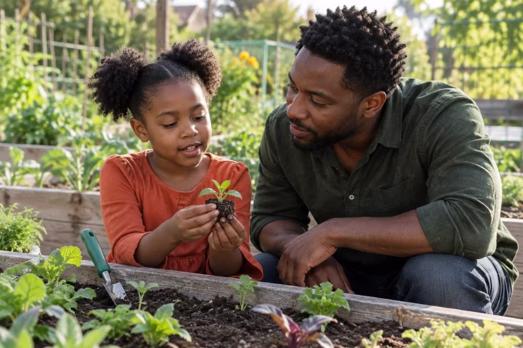 A father and daughter plant a seedling together, an everyday picture of a nurturing environment shaping development