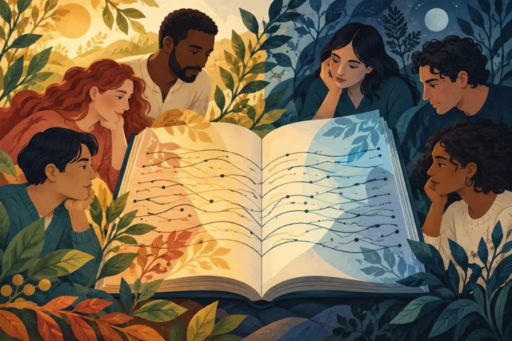An illustration of people gathered around an open book whose pages connect like a map, suggesting how environment and gene expression interact