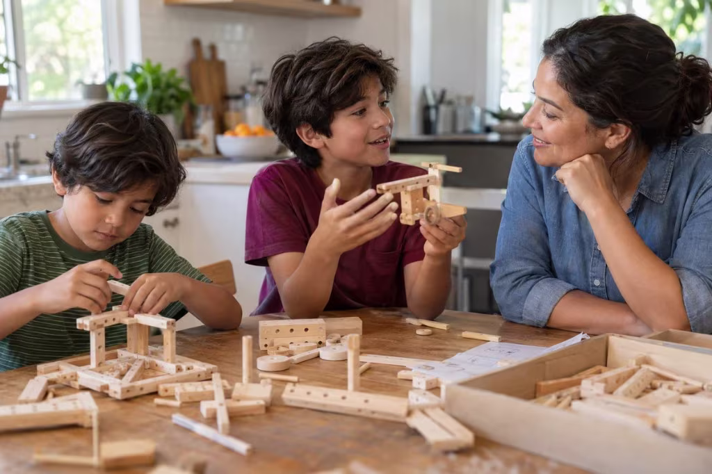 A parent and two children build with wooden pieces at the kitchen table, nature and nurture meeting in daily life