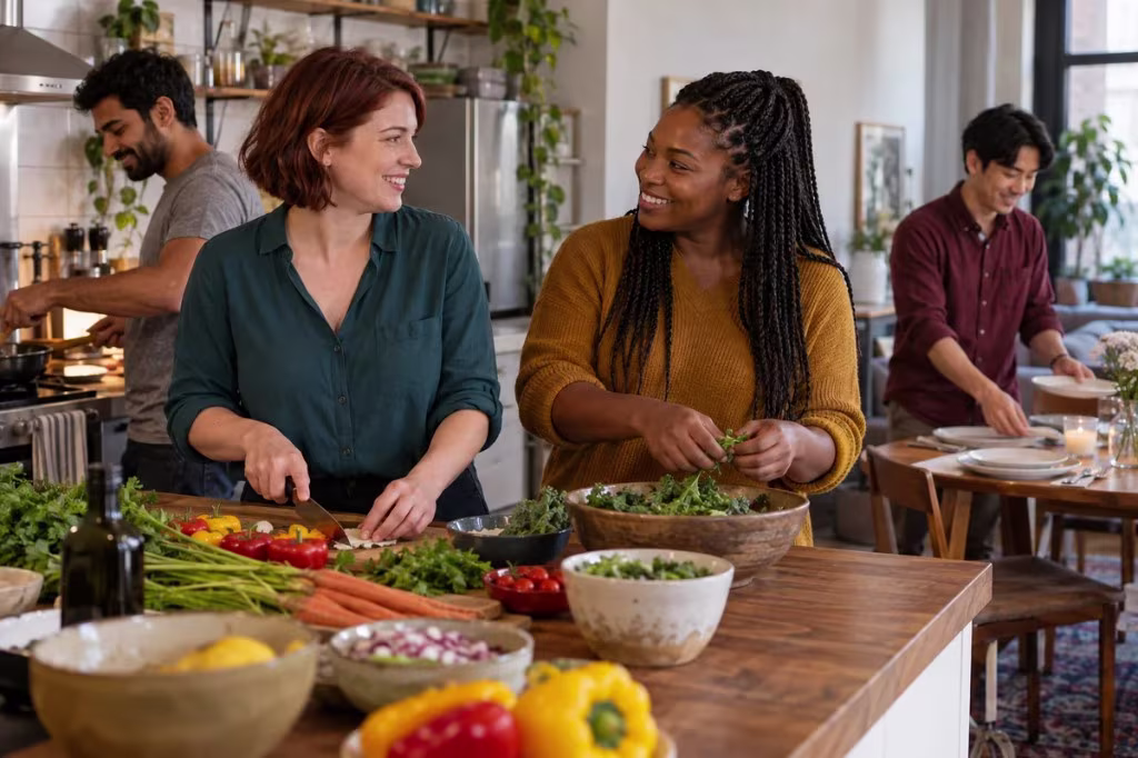 Friends cook and set the table together, a picture of the relationships and choices that shape nurture now