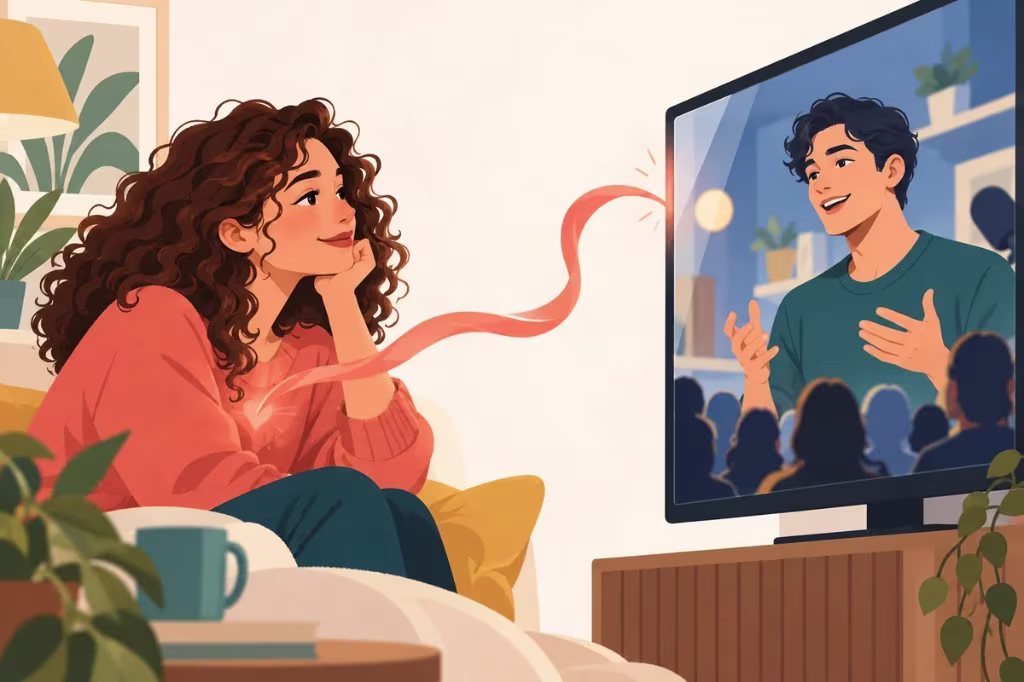 An illustration of a woman on a couch watching a man on television, a ribbon of feeling between them, a picture of a one-sided parasocial bond