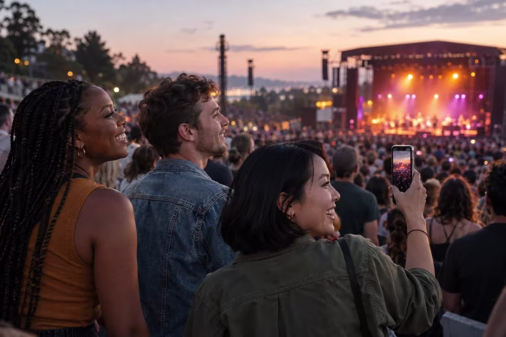 Friends at an outdoor concert smile toward the stage while one person films the show, shared fandom excitement around a parasocial connection