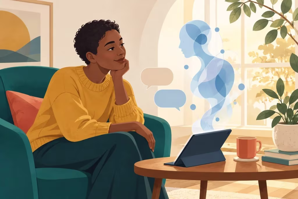 An illustration of a person talking with a glowing digital figure rising from a tablet, parasocial closeness with an AI companion