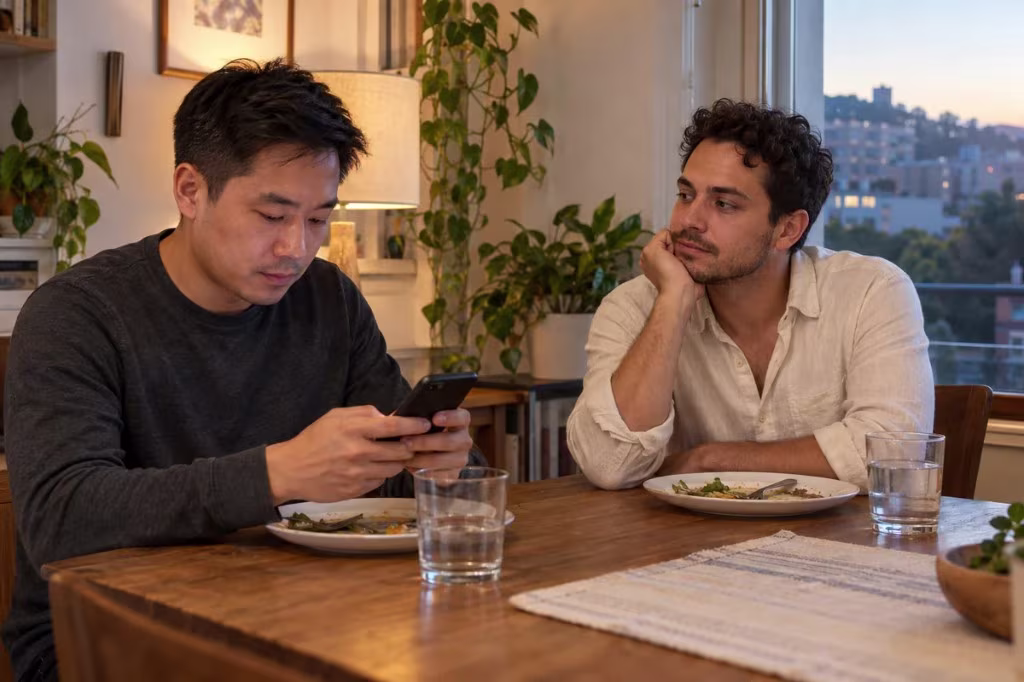 Two people sit down to dinner while one stays on a phone, a moment when screen time crowds out a face-to-face relationship